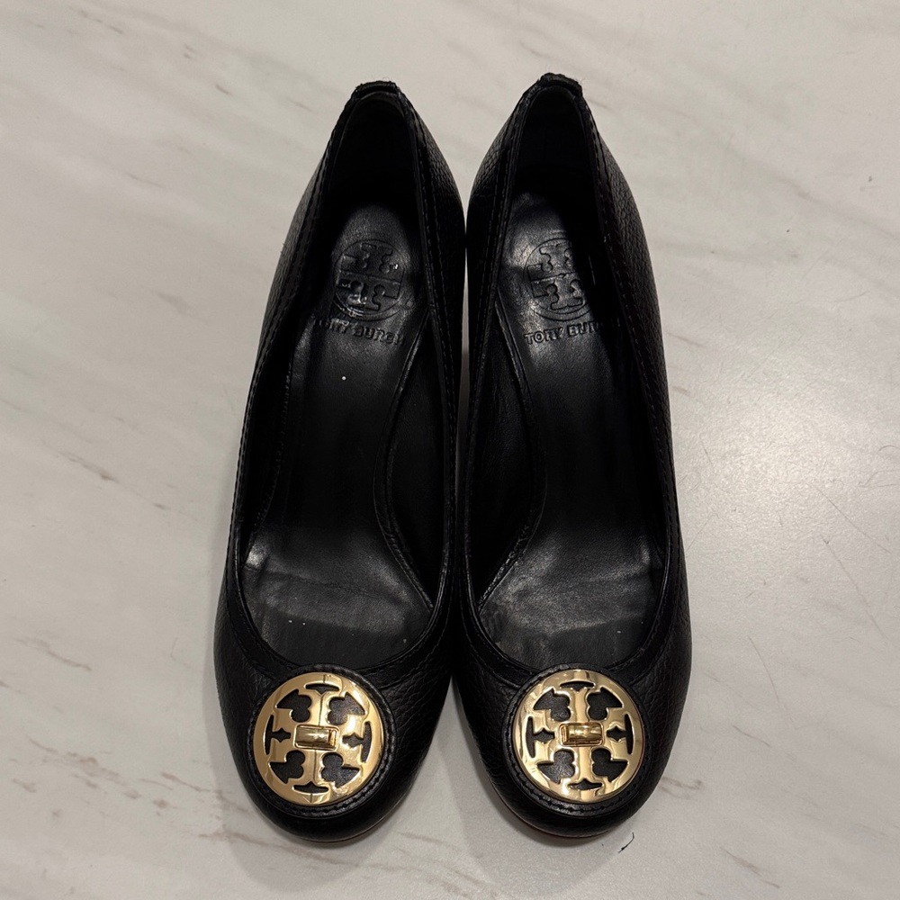 Tory Burch Black wedge with Gold Emblem